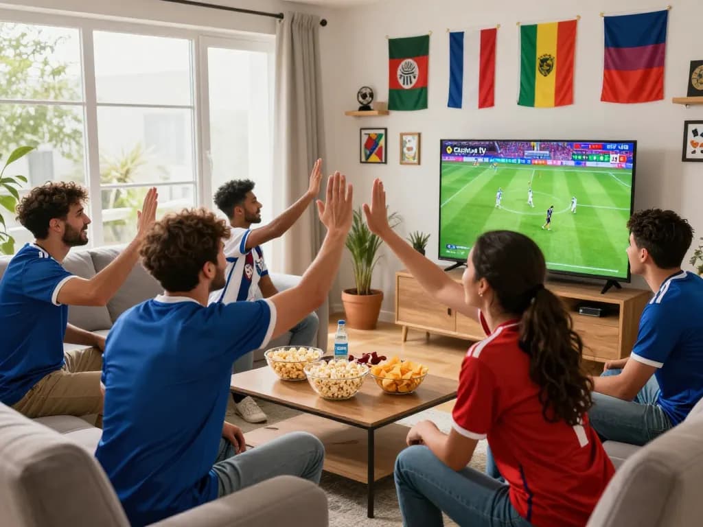Fans celebrating while watching Cakhia tv live soccer match in a lively living room.