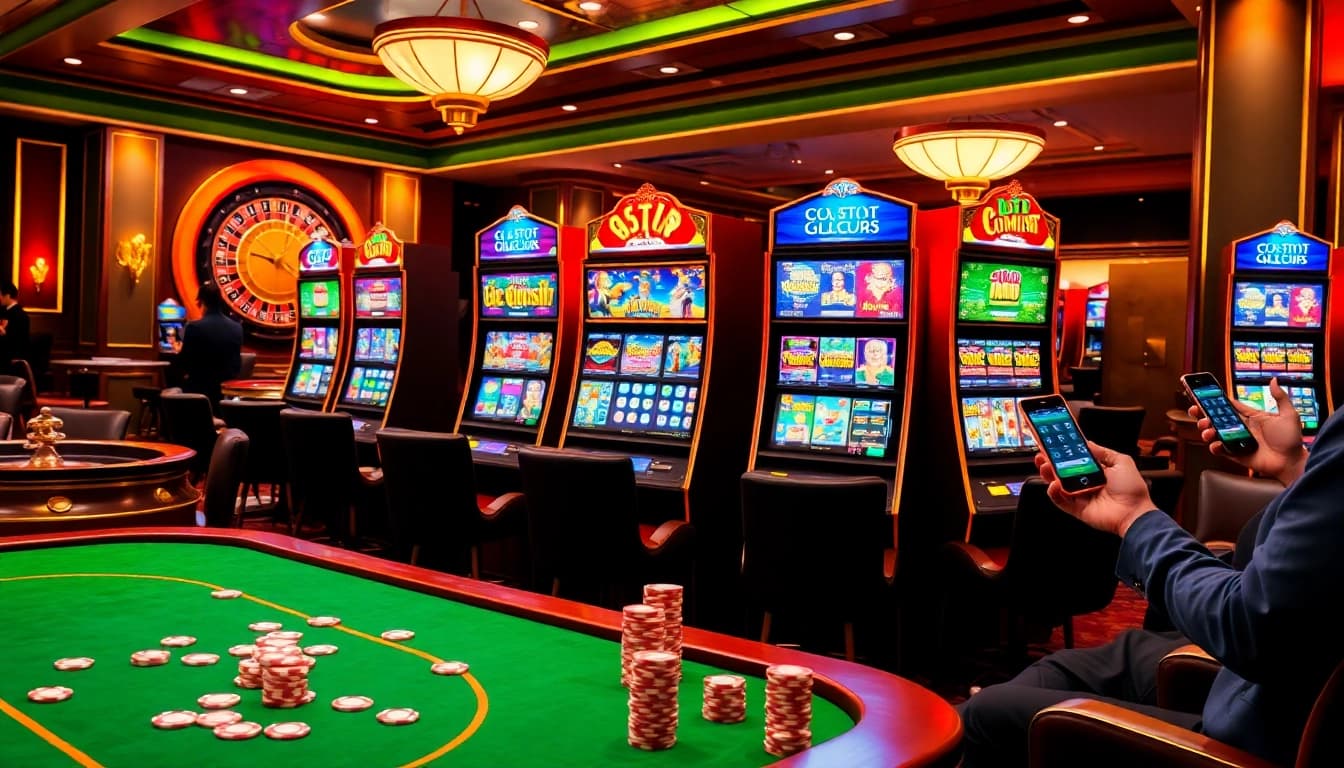 Players enjoying slot depo 5k at a glamorous casino with vibrant slot machines.