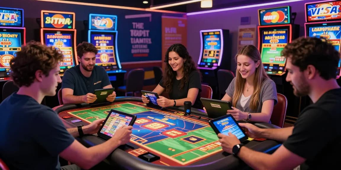 Engaging online gaming scene at credit card casinos UK, showcasing diverse players enjoying Visa and Mastercard deposits.