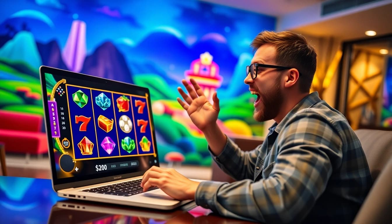 Menampilkan pemain yang antusias bermain walettoto pada laptop di lingkungan gaming yang ceria.
