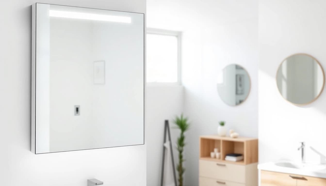 Spiegelschrank mit led Beleuchtung in modernem Badezimmer mit integriertem Stauraum.