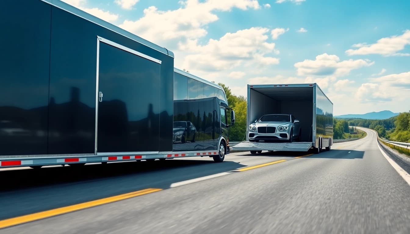 Transporting luxury vehicles safely with https://luxuryautocarriers.com in an elegant enclosed trailer.