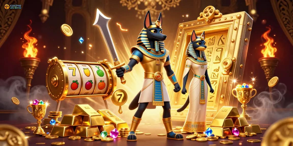 Jouez dans un casino en ligne avec Anubis et Bastet, entourés de trésors dorés.