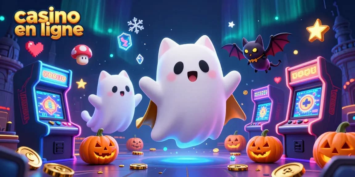 Des citrouilles animées parlent des gains au casino en ligne tout en illuminant un plafond gothique.