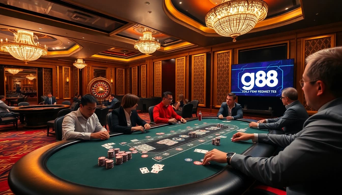 Gambling players engrossed in a game at the luxurious go 88 poker table in an elegant casino.