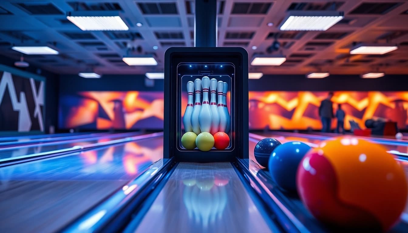 Efficient string bowling manufacturer showcasing the EV99 model in a modern bowling alley.