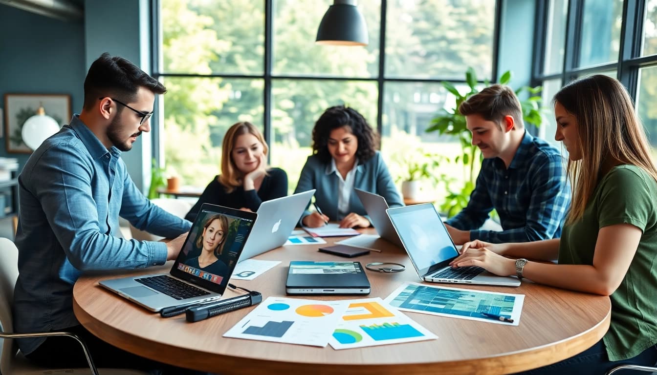 Creative team collaborating in a professional agency workspace, enhancing engagement and innovation.