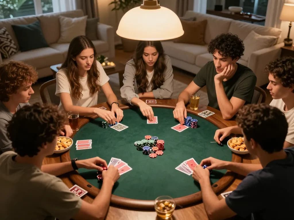 Engaged players enjoying a poker game at home, highlighting 32win's interactive betting experience.