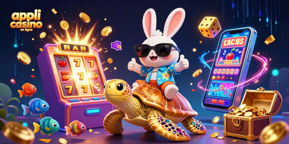 Appli casino en ligne : visualisez un lapin chanceux et une tortue au cœur d'une scène de jackpot dynamique.