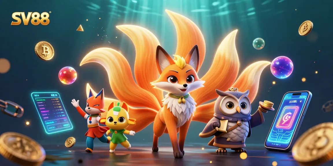 Experience excitement at SV88 with a vibrant digital illustration featuring a glowing fox spirit and wise owl amid colorful casino elements.