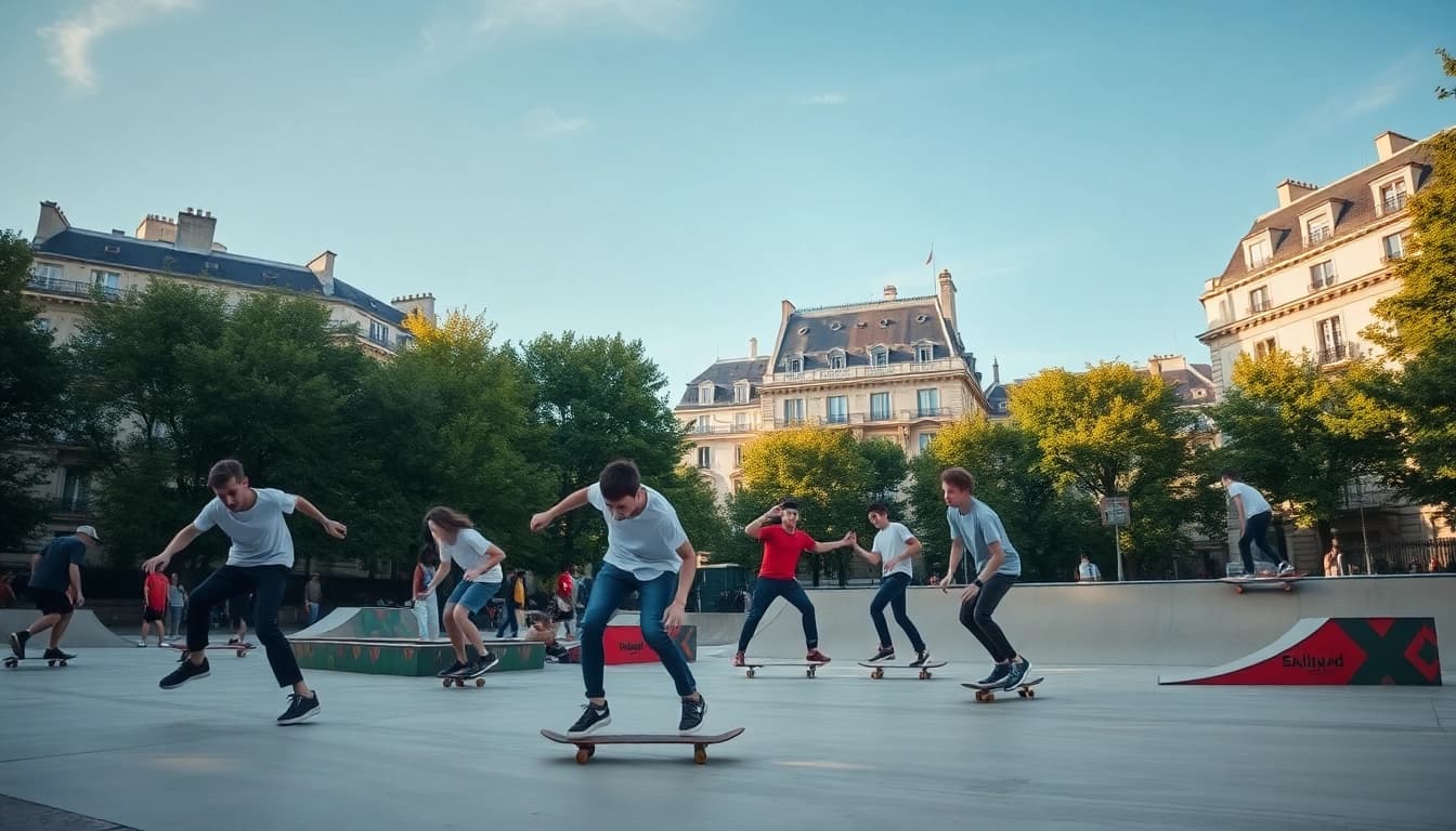 École skate paris: jeunes skateurs pratiquant des figures dynamiques dans un parc animé à Paris.