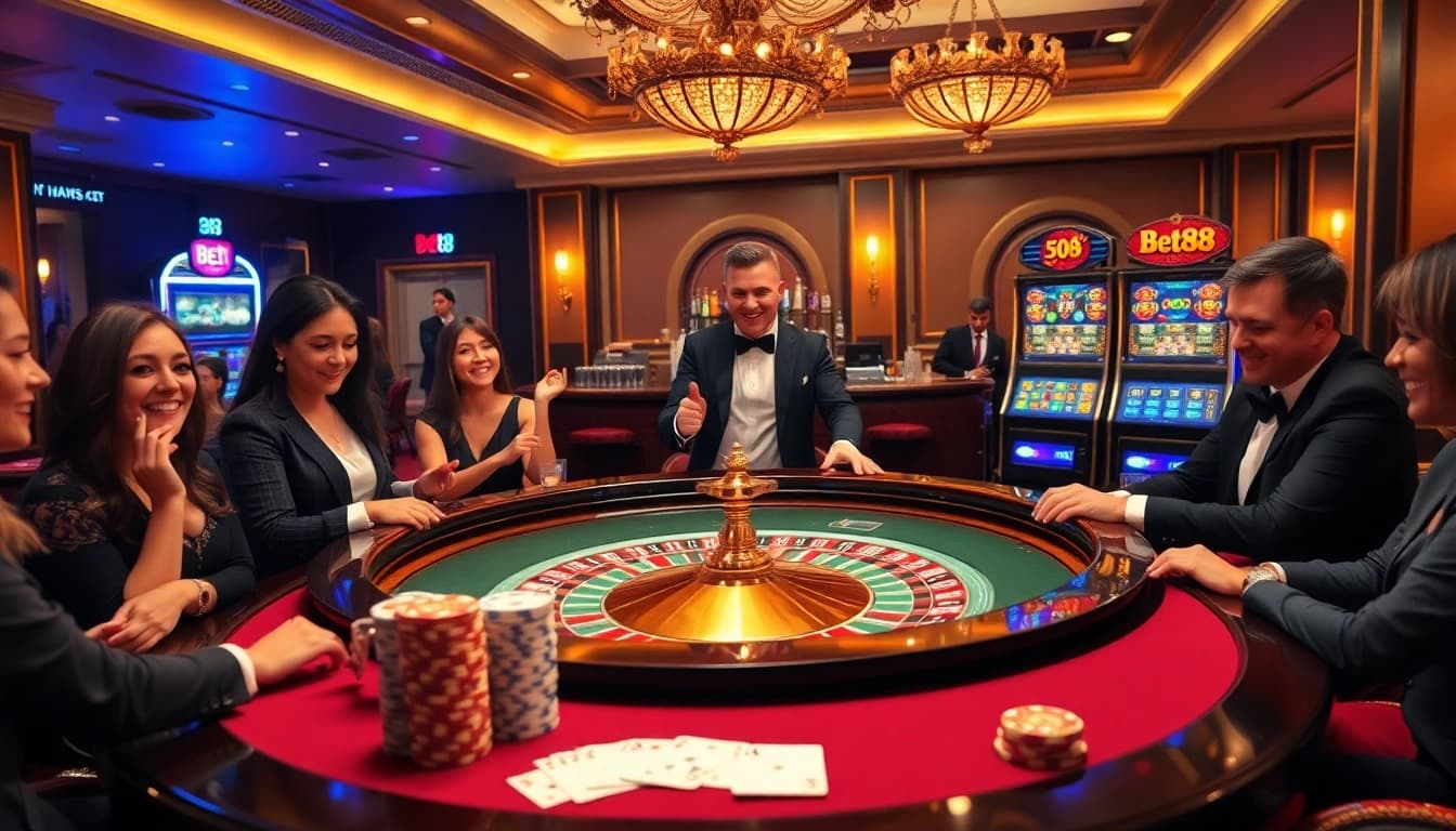Experience excitement at Bet88 casino, showcasing roulette, poker chips, and players celebrating wins.