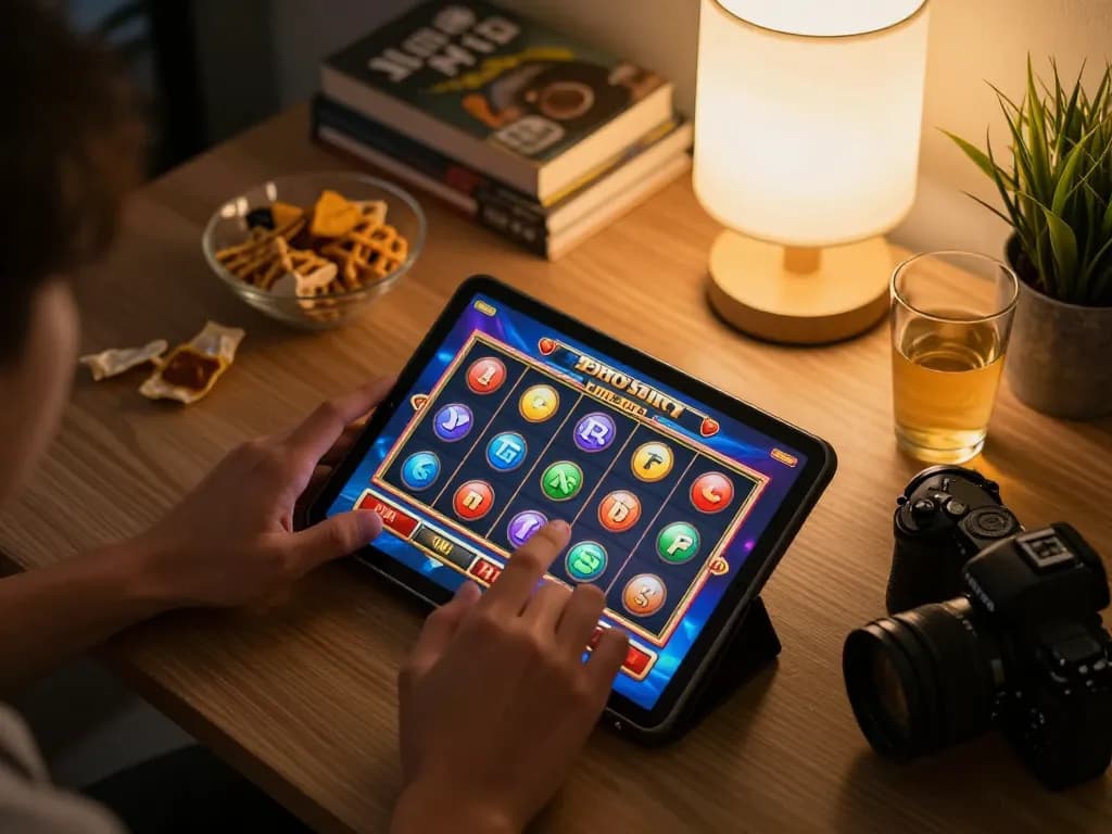 Engaging in exciting slot depo 1k gameplay on a tablet in a cozy home setting.
