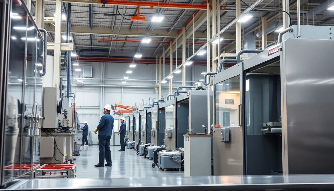 Manufacturing employees actively working with advanced machinery at fab tech Industries inc.