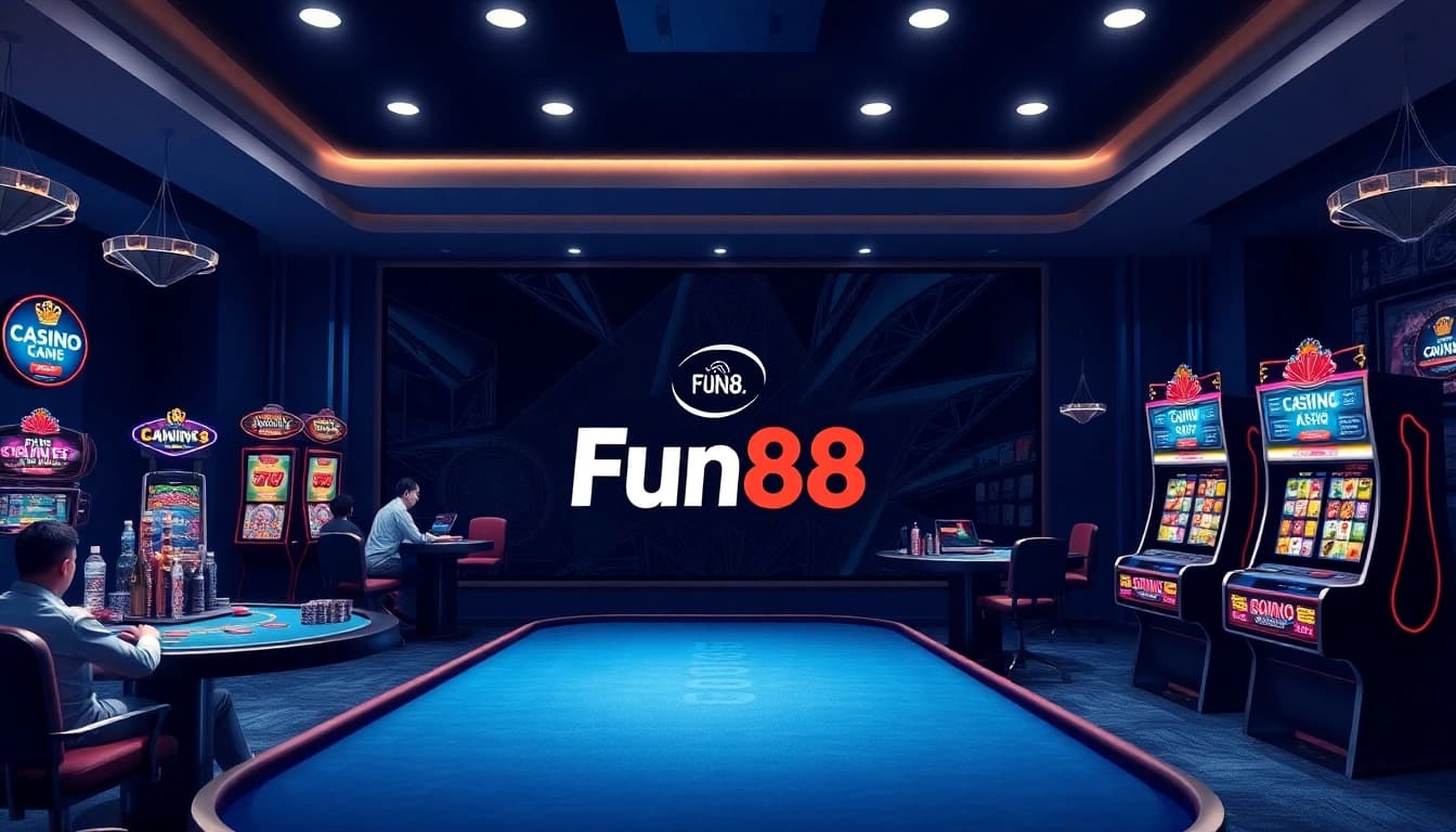 Experience thrilling gaming at Fun88 with engaging online casino graphics showcasing vibrant slot machines and poker tables.