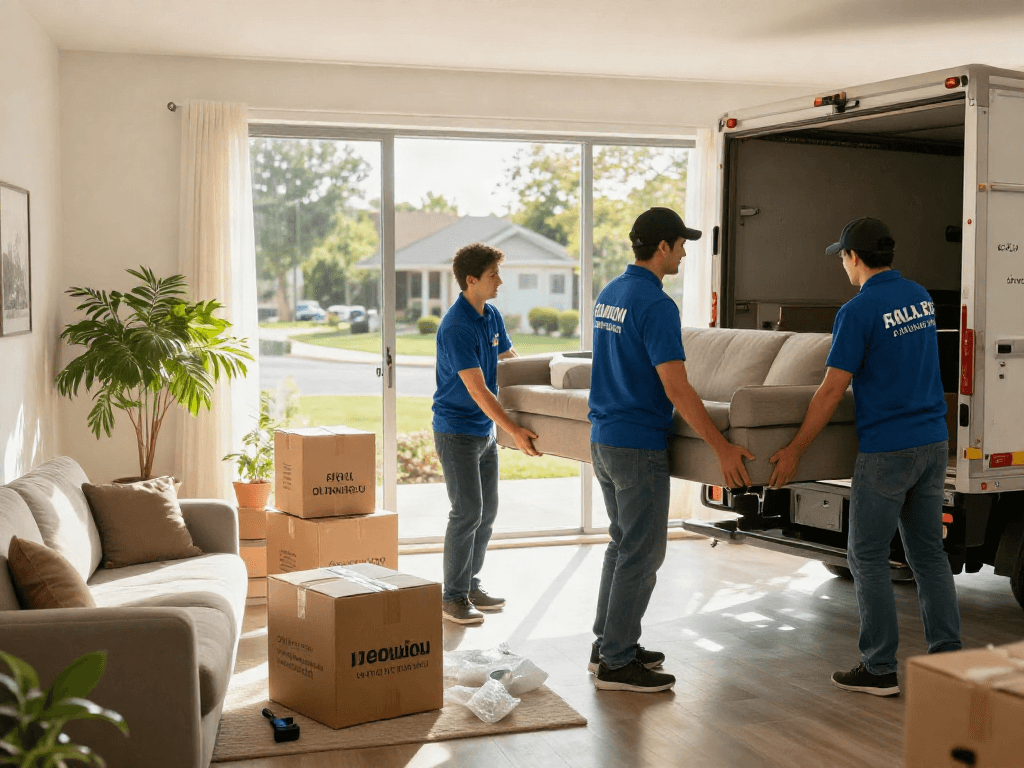 Professional moving company team carefully moving couch into a truck, bright living room ambiance.