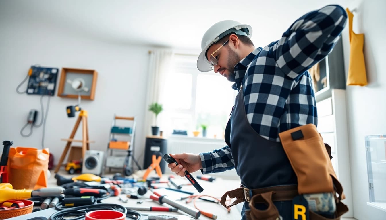Efficient electrician delivering electrical services vancouver in a bright, professional setting with essential tools.