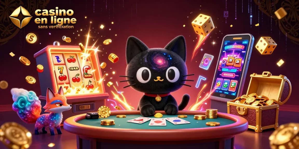 Jouer dans un casino en ligne sans vérification avec le chat noir gravitationnel et le renard nébuleux, entouré de machines à sous.
