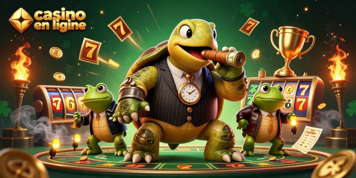 Casino en ligne illustré avec une tortue massive et des grenouilles, ambiance animée.