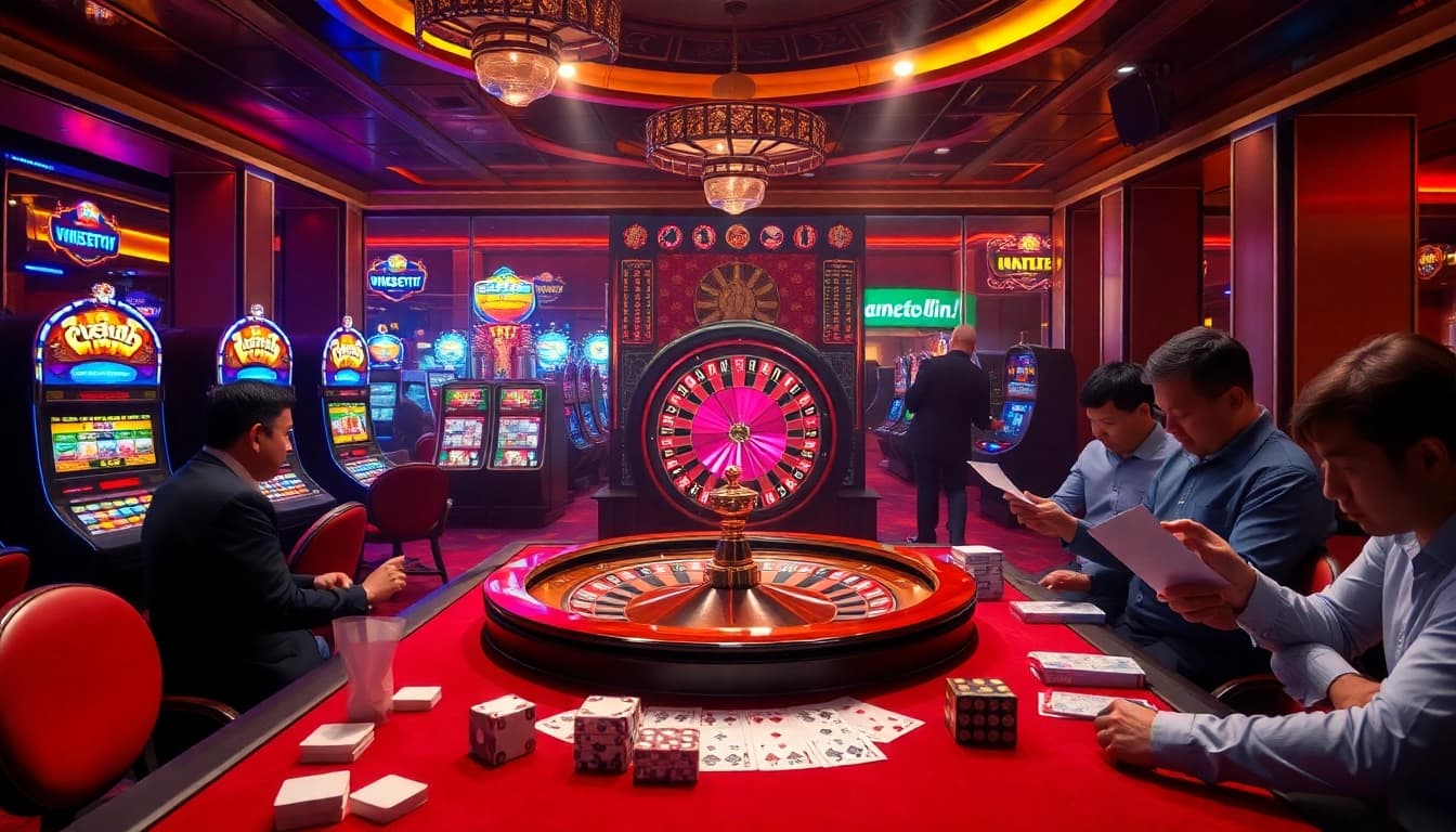 NK88 casino excitement featuring a roulette wheel, glowing slot machines, and intense gamblers.