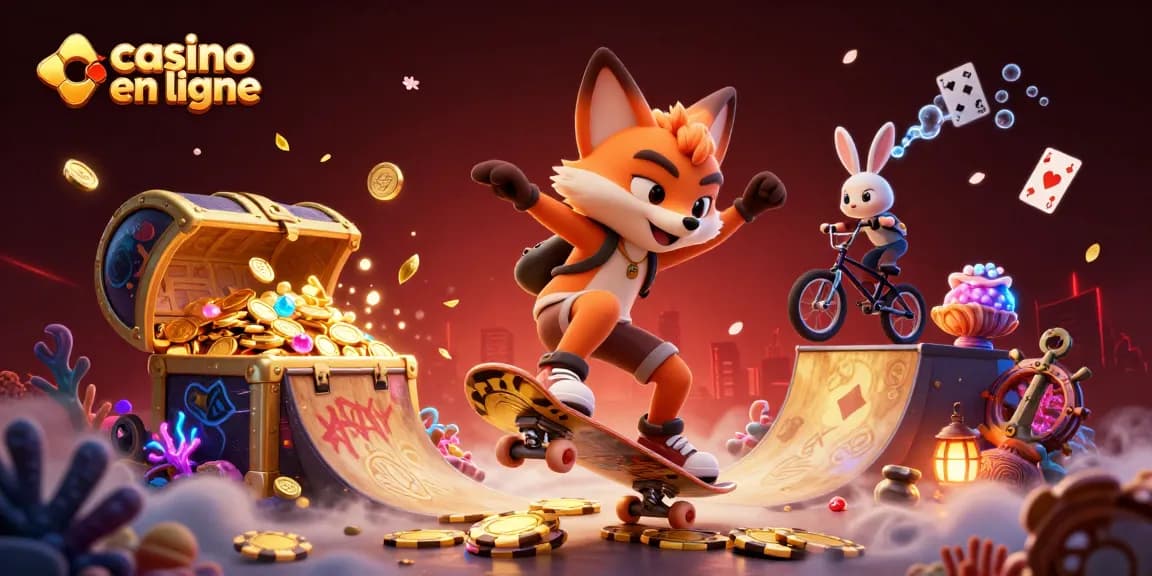 Immergez-vous dans l'univers du casino en ligne avec un renard skateboarder et un lapin BMX.