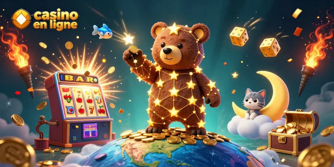 Débloquez des gains avec casino en ligne : une illustration dynamique de machines à sous et de symboles colorés.