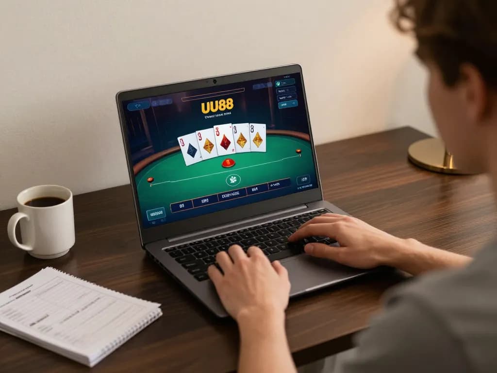 Player enjoying a thrilling poker game on UU88 net platform from home.