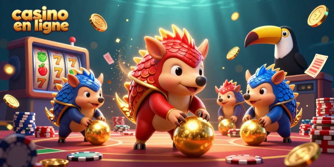 Venez pour gagner aux machines à sous sur casino en ligne avec des pangolins colorés et des pièces dorées.