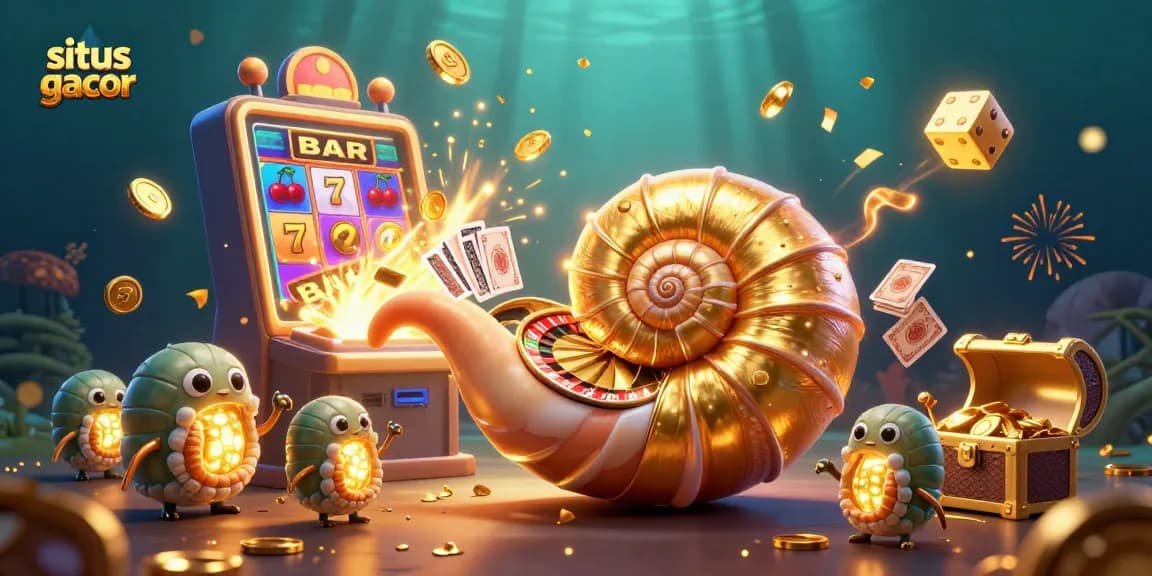 Spin the situs gacor with a giant nautilus and golden roulette elements in a vibrant casino scene