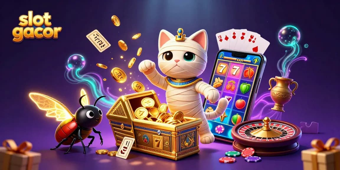 Engage with slot gacor through a vibrant illustration of a mummy cat and casino elements bursting with action.