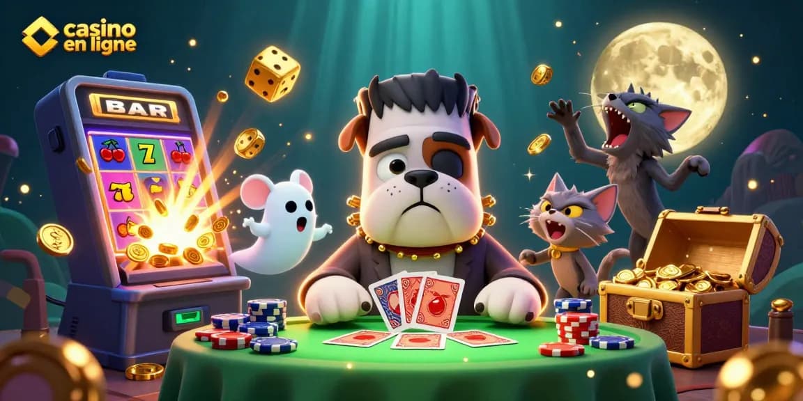 Le casino en ligne anime avec un bulldog Frankenstein et une atmosphère de jeu captivante.