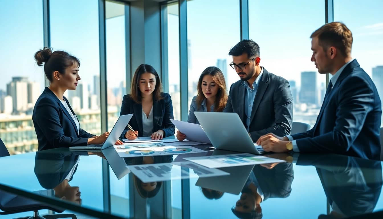 Engaging business growth insights discussions among professionals in a modern office setting.