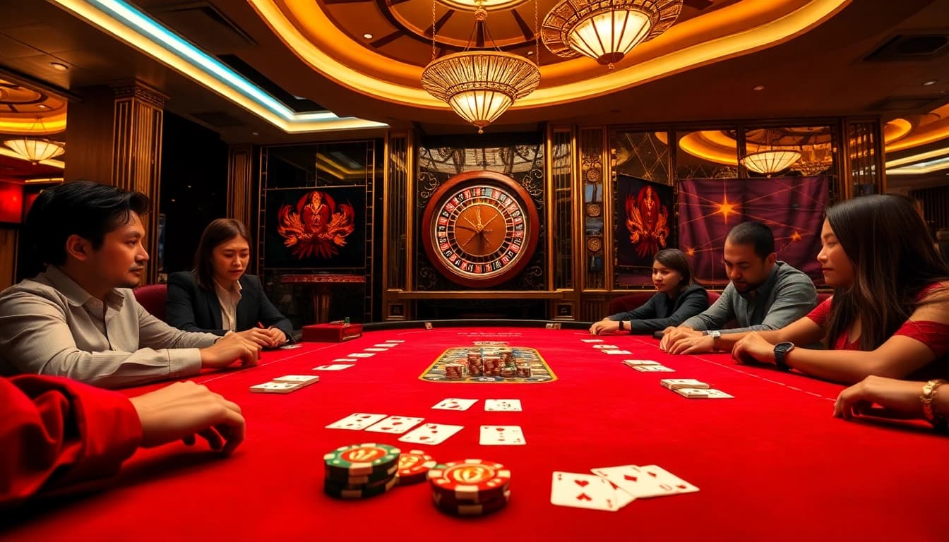 Experience the thrill of gambling with RAJABARONG poker chips at an elegant casino table.