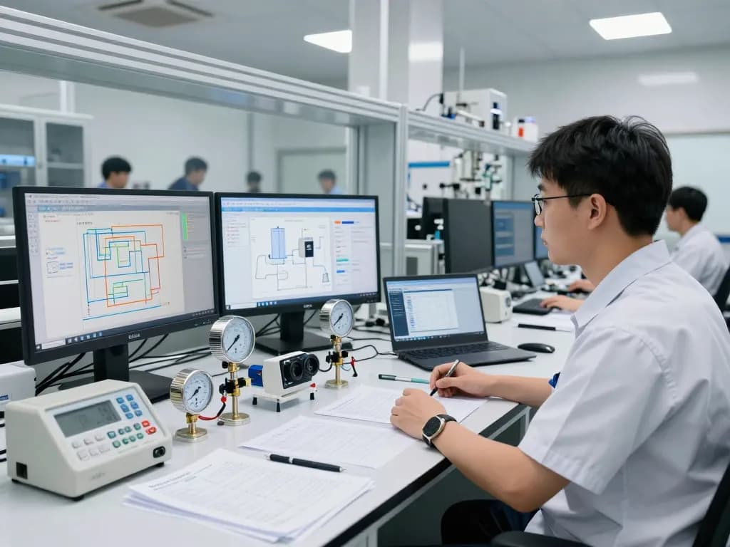 Engineer examining Endress Hauser devices in a modern lab, showcasing innovative automation technology.