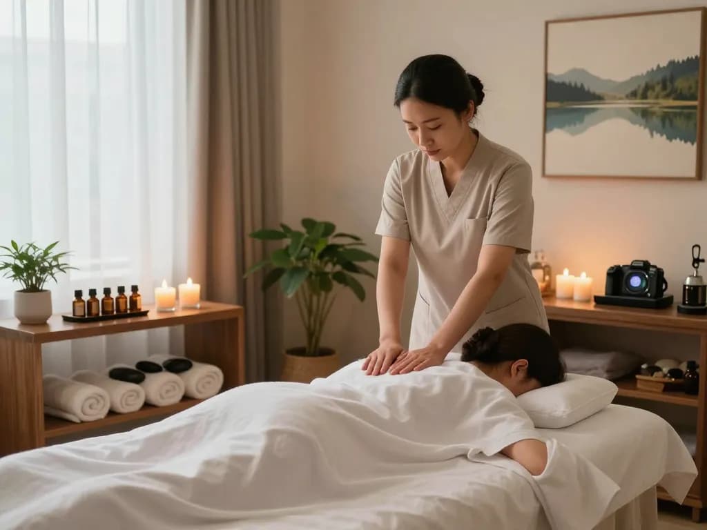 부드러운 조명과 자연 декор가 있는 평화로운 스파 환경에서의 편안한 서초스웨디시 마사지 치료 장면.