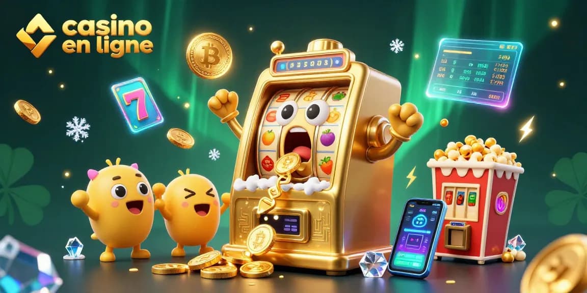 Le casino en ligne bat son plein avec une machine à sous dorée et ses pièces s'éparpillant.