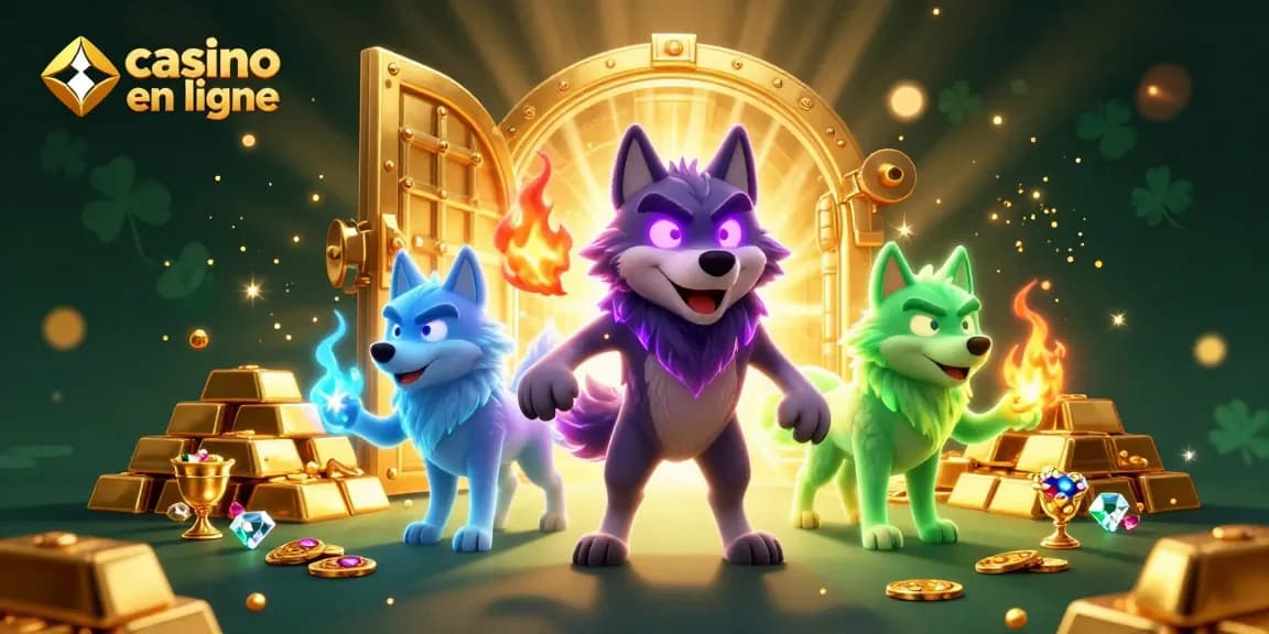 Jouez au casino en ligne avec des personnages animés de loups et d'or étincelant.