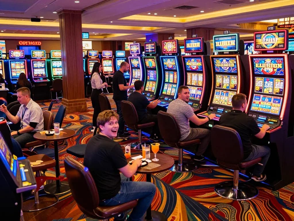 Players enjoy vibrant link slot machines in a lively casino atmosphere.