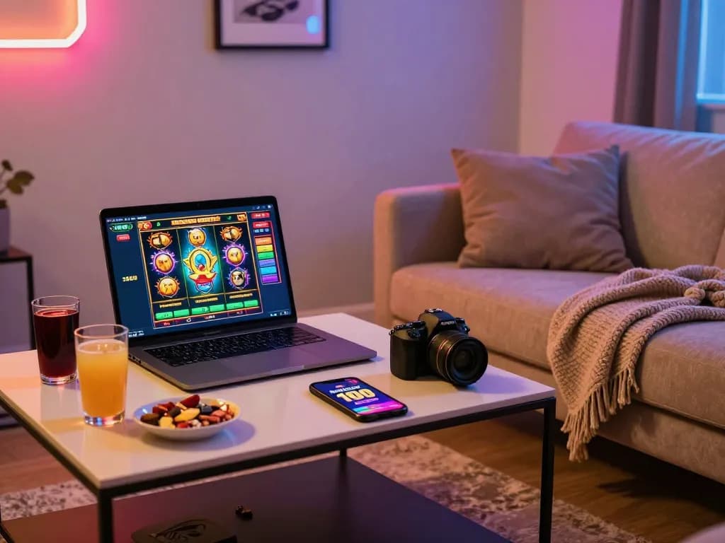 Engage with bonus new member 100 promotion while playing on a laptop in a cozy home gaming setup.