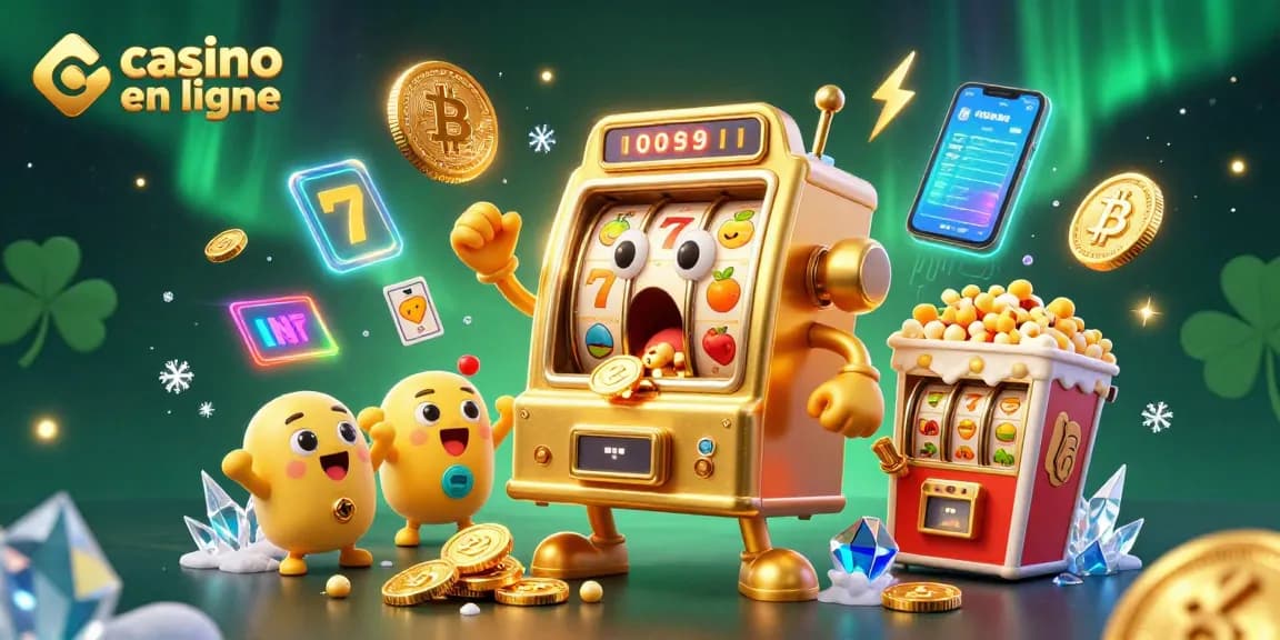 Un casino en ligne animé avec une machine à sous dorée frappant un jackpot, entourée de pièces et de machines à sous.