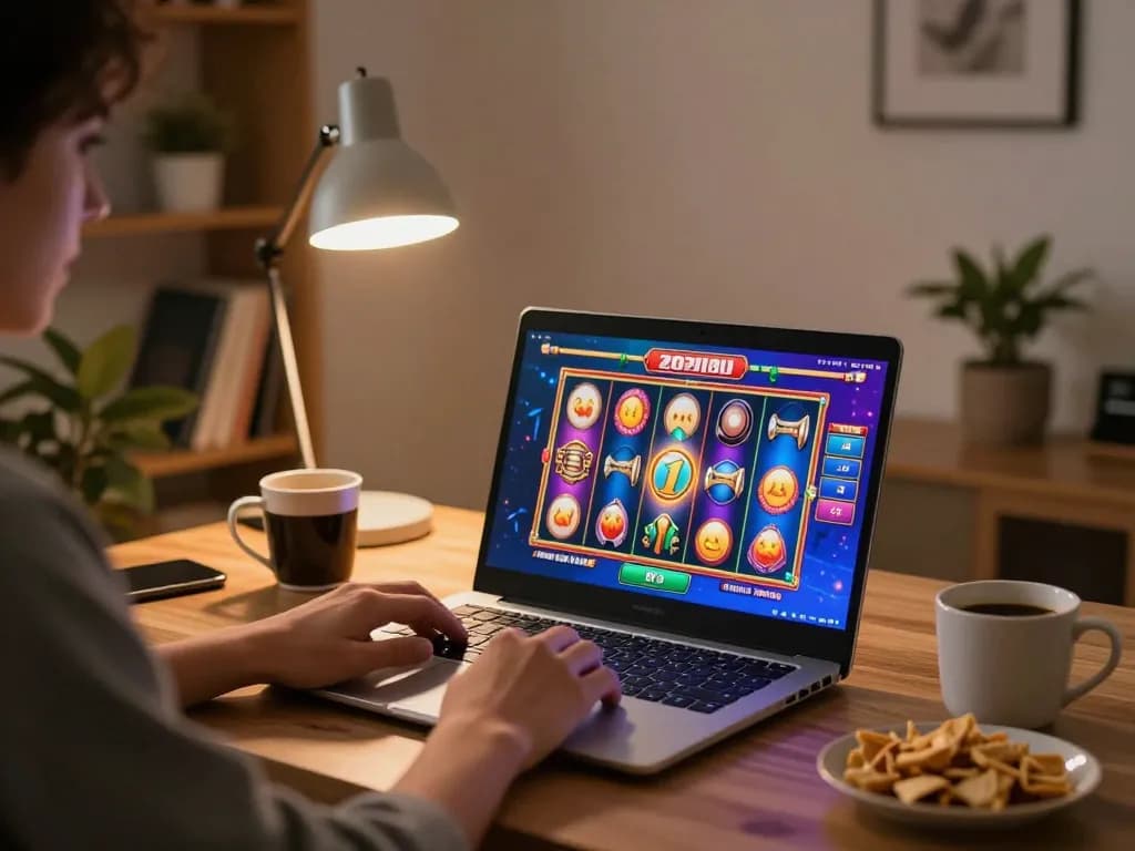 Engaging in สล็อตวอเลท online gaming with vibrant slot interface on laptop in cozy home setting.