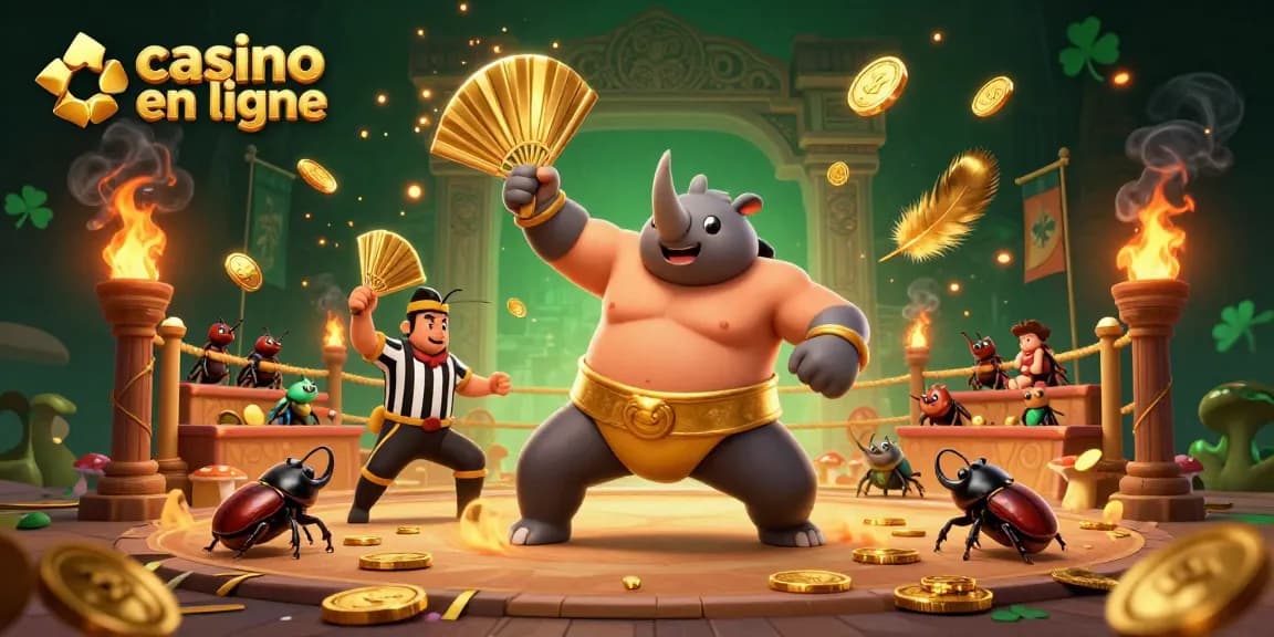 Regardez un champion de sumo rhinocéros jouant au casino en ligne, tout en envoyant des pièces d'or.