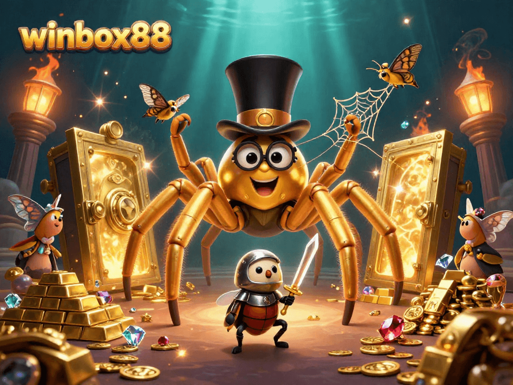 Experience the excitement of winbox88 with a golden tarantula and beetle knight in a vibrant casino scene