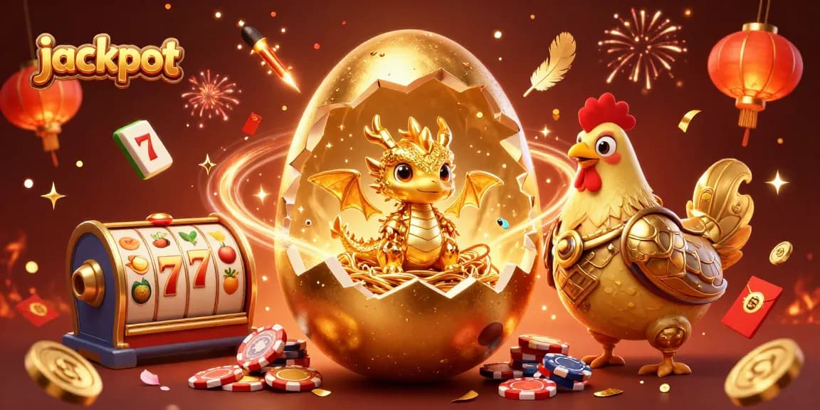Experience the jackpot excitement with a golden dragon amidst slot reels and festive elements in this vibrant illustration.