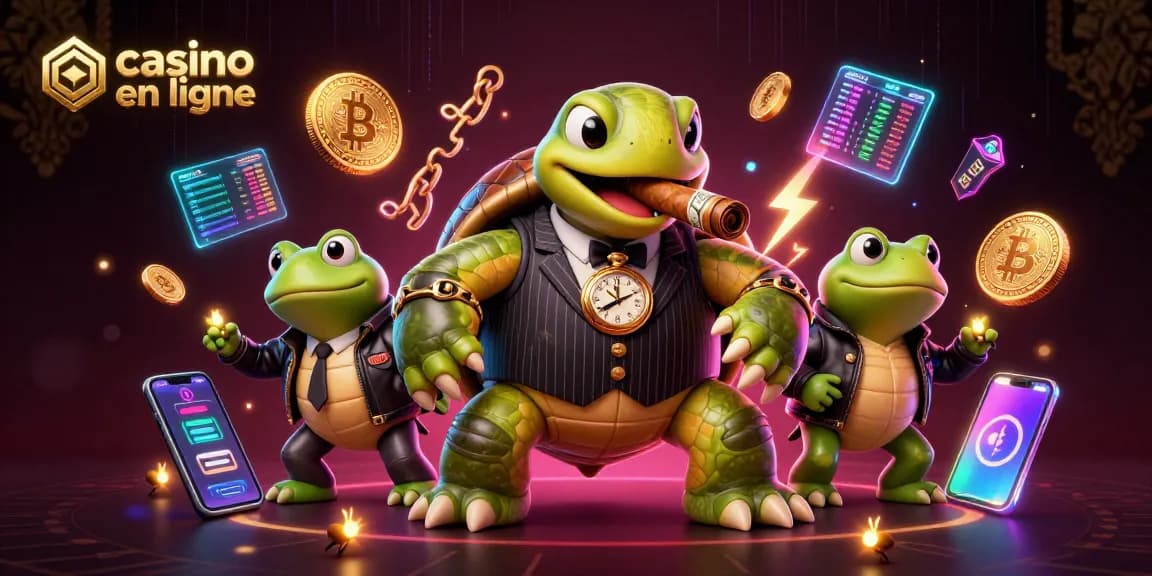 Obtenez l'expérience immersive d'un casino en ligne avec une illustration 3D captivante incluant une tortue géante et des éléments crypto.
