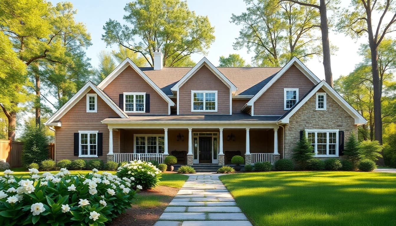 Showcasing a Sharon Custom Colonial New Build with elegant features and lush landscaping.