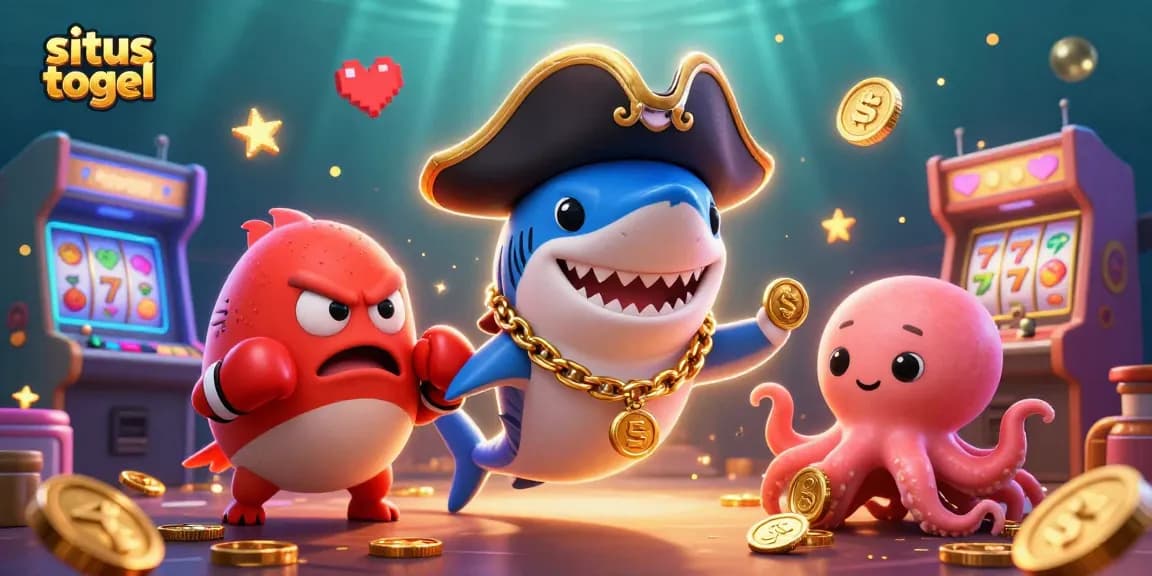 Win big with situs togel as a cute octopus holds gold coins amidst vibrant casino elements in 3D illustration.