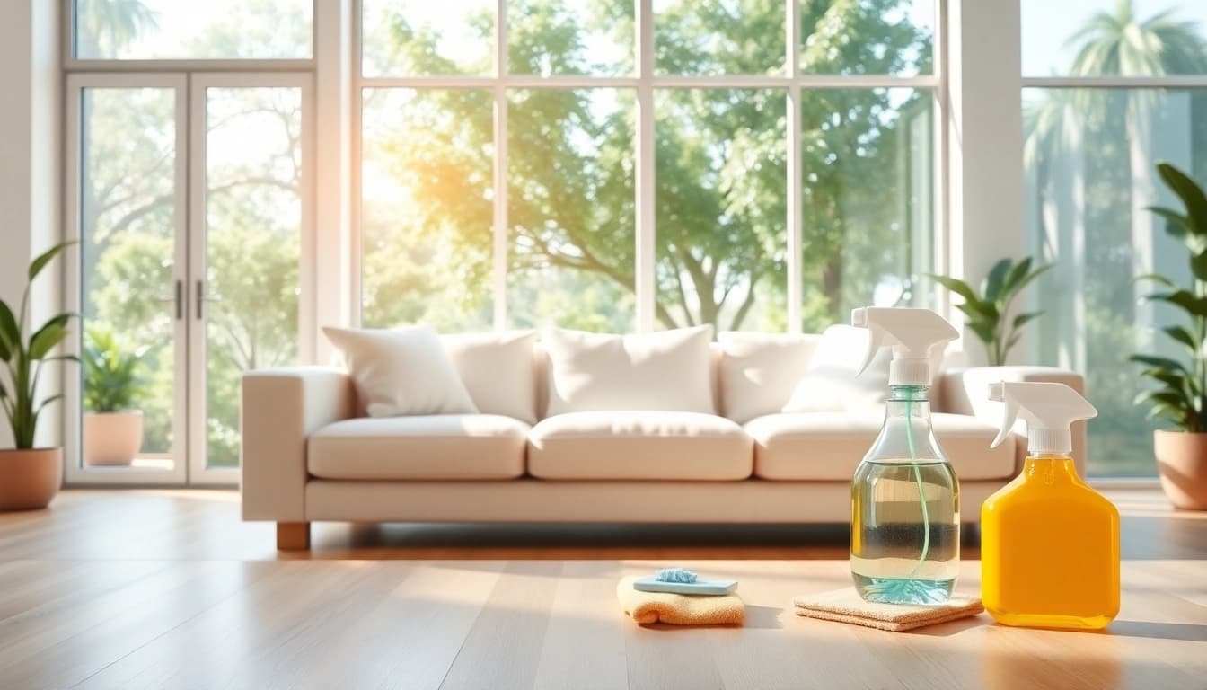 Experience the professional Villa Deep Cleaning Services Dubai with a pristine living room and sparkling windows.