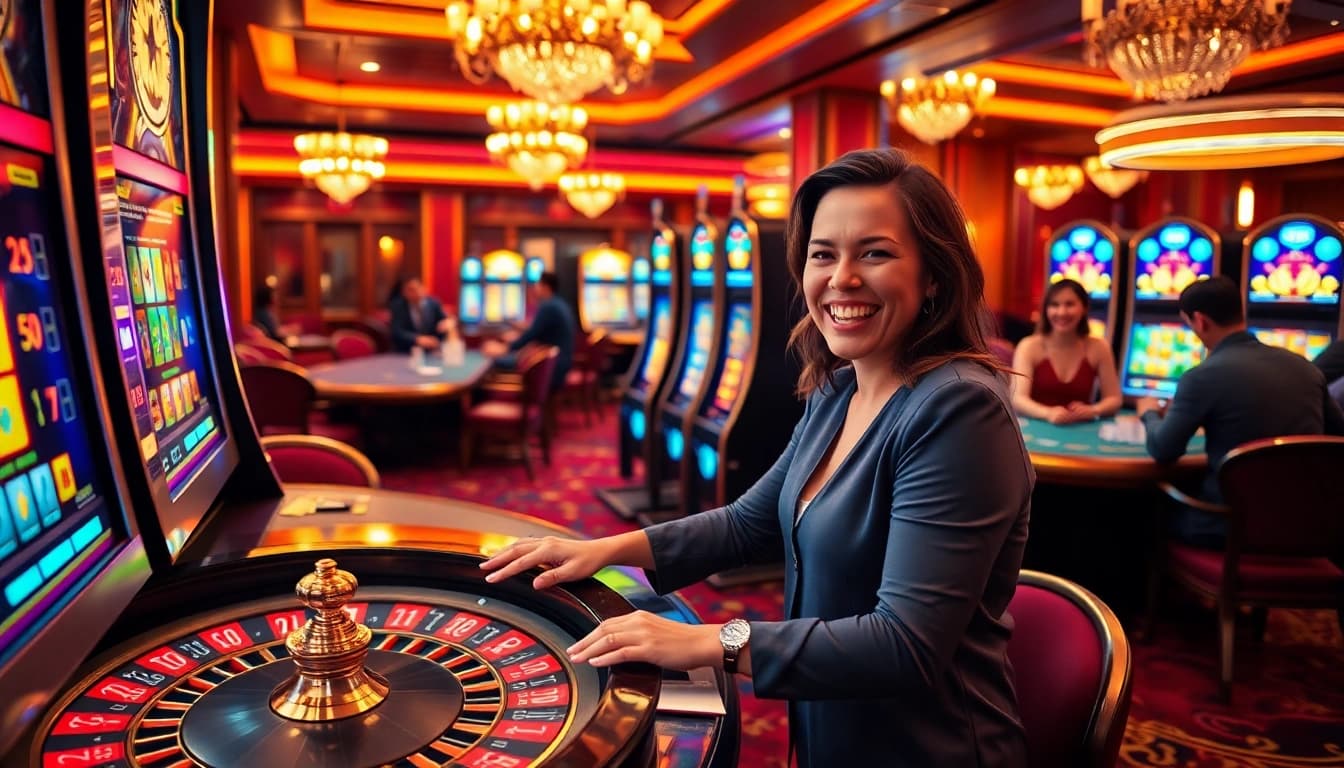 Experience the thrill of a slot deposit 1k in a luxurious casino scene featuring vibrant slot machines.