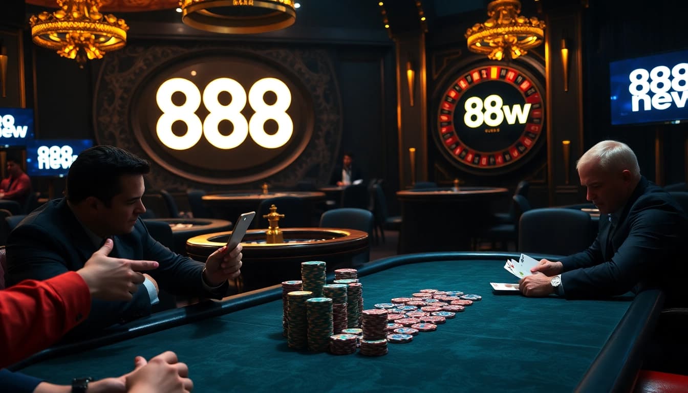 Players enjoying an intense game of poker at the casino, featuring the 888 new gaming experience.